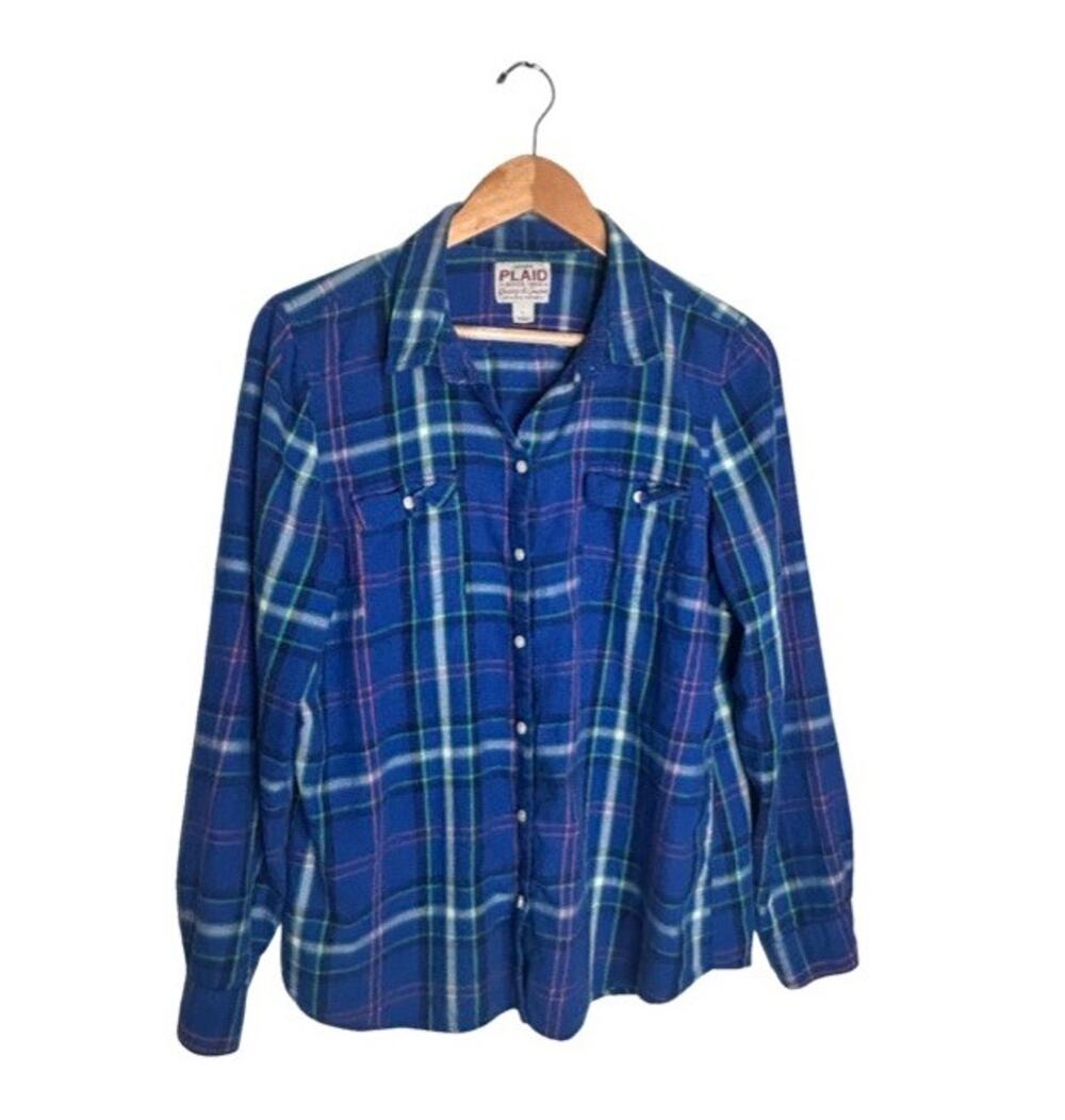 Old Navy Plaid Button Up Size Large Blue Green Pink Soft Lightweight Casual